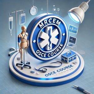3D illustration representing the MRCEM OSCE Course, featuring a mannequin with a stethoscope, IV stands, a medical kit, and a large emblem displaying 'MRCEM OSCE Course.' Medical icons like a clock, ECG monitor, and syringe emphasize the hands-on, clinical nature of the training.