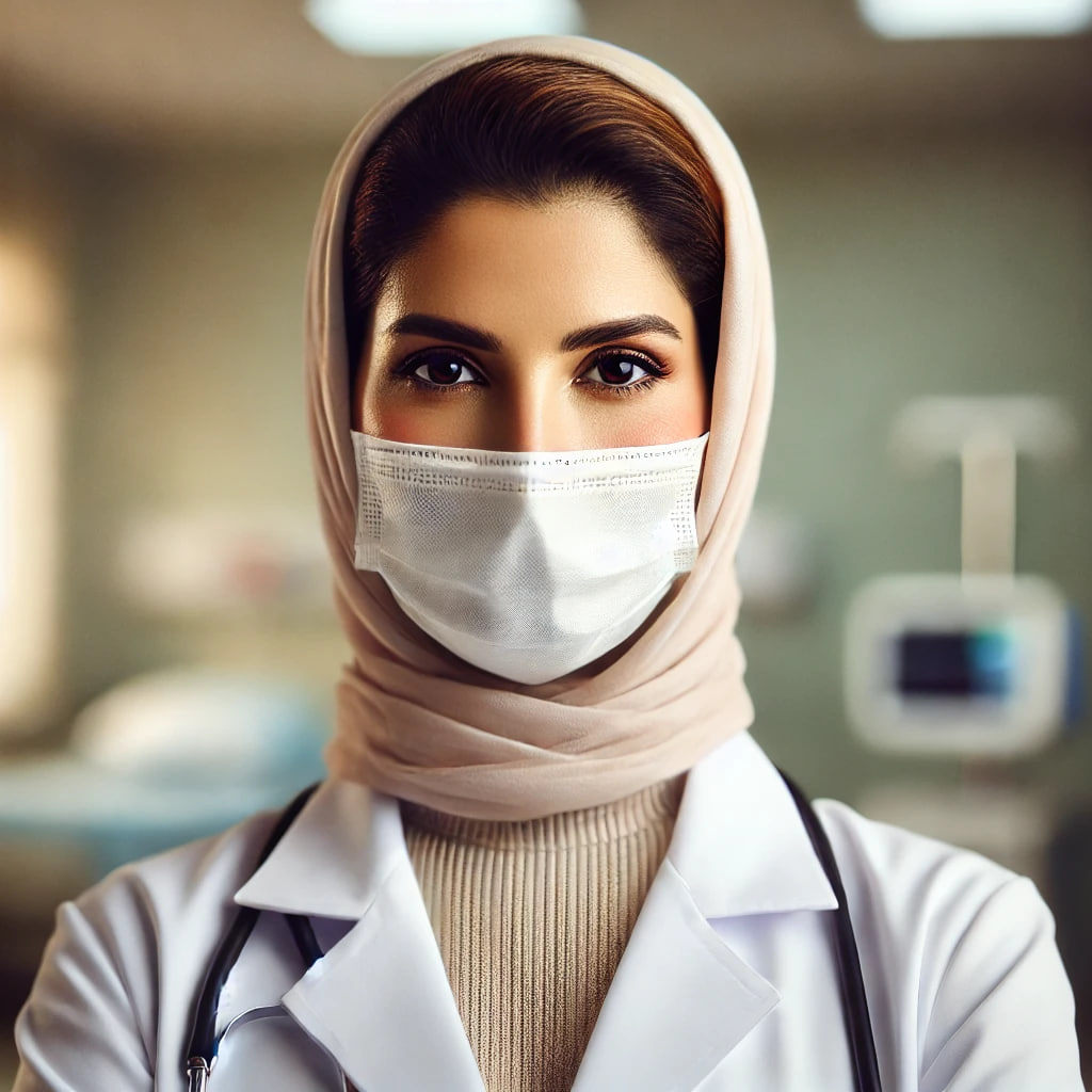 Professional portrait of a female doctor wearing a hijab and face mask, dressed in a white coat with a stethoscope around her neck, set in a clinical environment. Only her eyes are visible, conveying confidence and professionalism in a healthcare setting