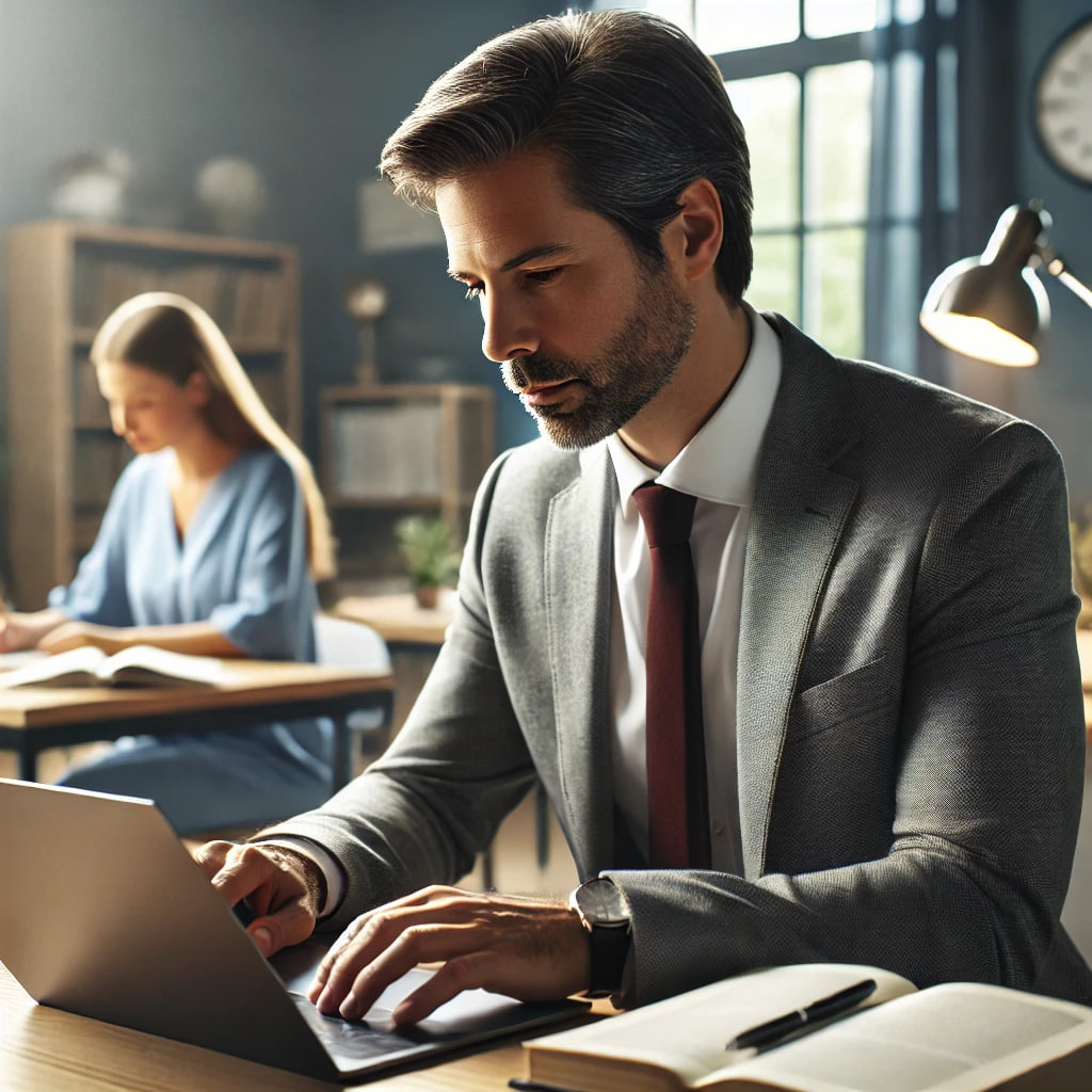 Portrait of Ahmed Gamal, a 35-year-old senior educational consultant and Internal Teaching Exam (ITE) specialist, sitting in a modern office setting, focused on his work with a laptop. He is dressed in a professional suit, exuding confidence and expertise in medical education.